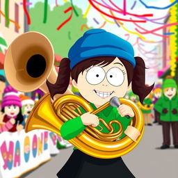 A character resembling Wendy Testaburger from South Park playing a sousaphone with enthusiasm