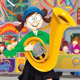 A character resembling Wendy Testaburger from South Park playing a sousaphone with enthusiasm