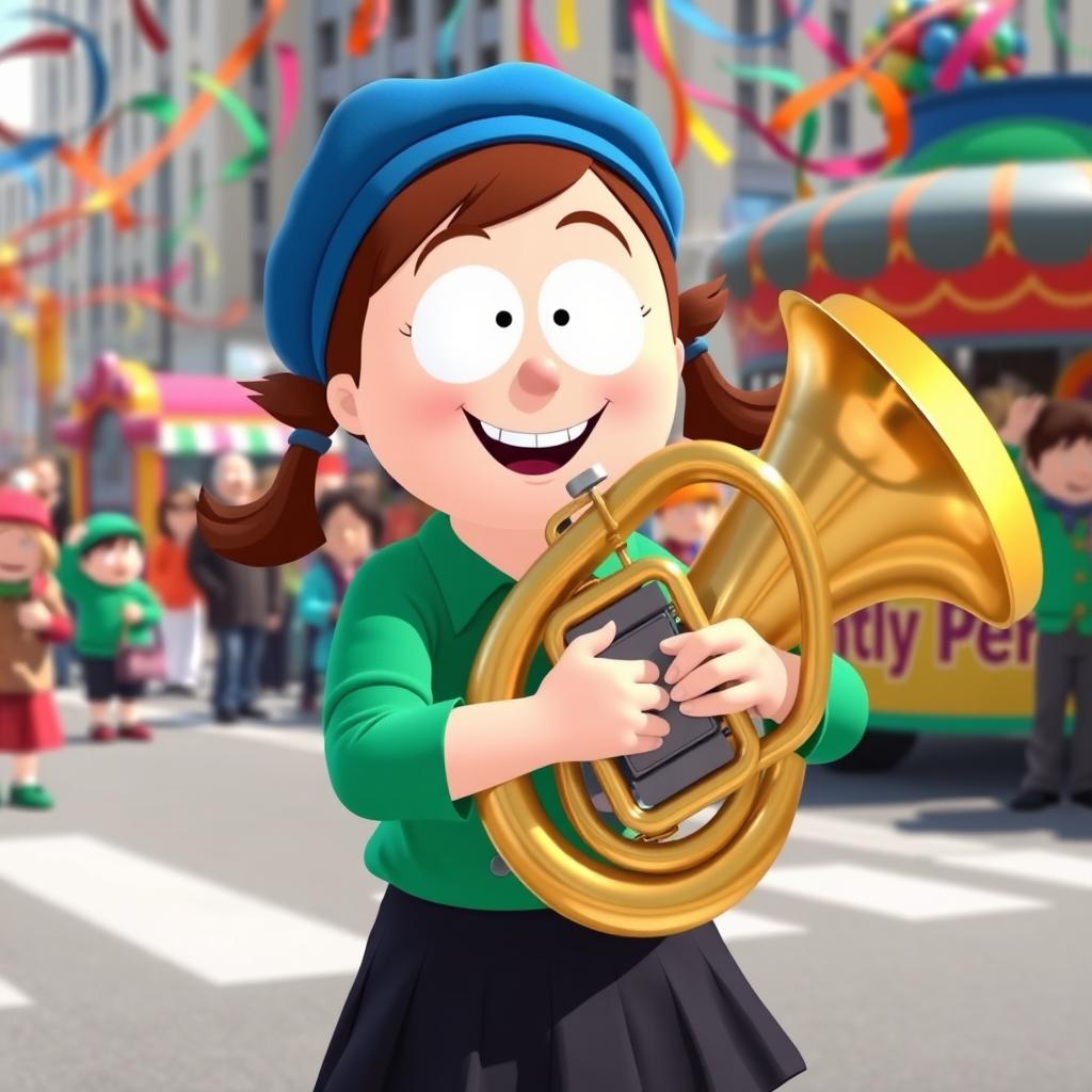 A character resembling Wendy Testaburger from South Park playing a sousaphone with enthusiasm