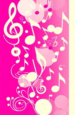 A vibrant fuchsia background filled with various artistic music notes of different sizes and styles, creating a dynamic and playful atmosphere