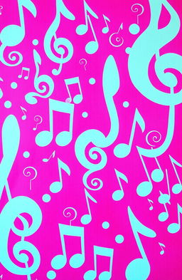 A vibrant fuchsia background filled with various artistic music notes of different sizes and styles, creating a dynamic and playful atmosphere