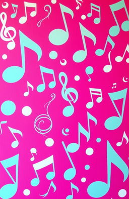 A vibrant fuchsia background filled with various artistic music notes of different sizes and styles, creating a dynamic and playful atmosphere
