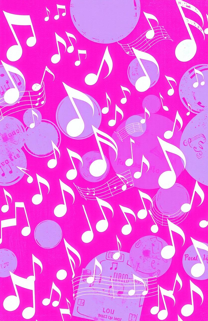 A vibrant fuchsia background filled with various artistic music notes of different sizes and styles, creating a dynamic and playful atmosphere