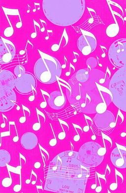 A vibrant fuchsia background filled with various artistic music notes of different sizes and styles, creating a dynamic and playful atmosphere