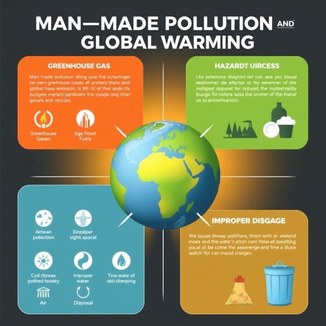 An informative infographic-style poster illustrating the impact of man-made pollution on global warming