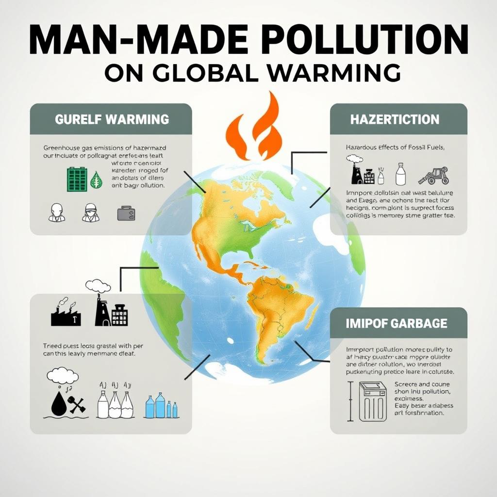 An informative infographic-style poster illustrating the impact of man-made pollution on global warming