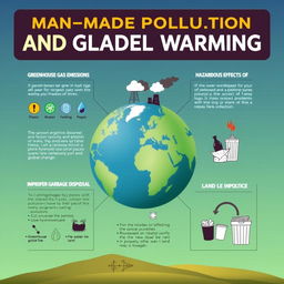 An informative infographic-style poster illustrating the impact of man-made pollution on global warming