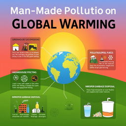 An informative infographic-style poster illustrating the impact of man-made pollution on global warming