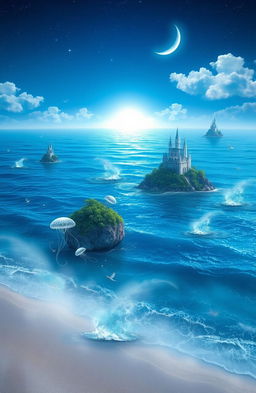 A dreamy blue fantasy landscape, featuring a vast ocean under a starry night sky with shimmering blue waves