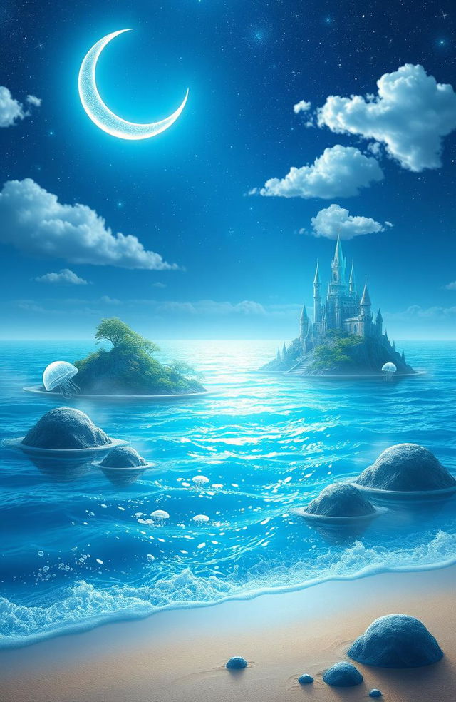 A dreamy blue fantasy landscape, featuring a vast ocean under a starry night sky with shimmering blue waves