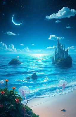 A dreamy blue fantasy landscape, featuring a vast ocean under a starry night sky with shimmering blue waves