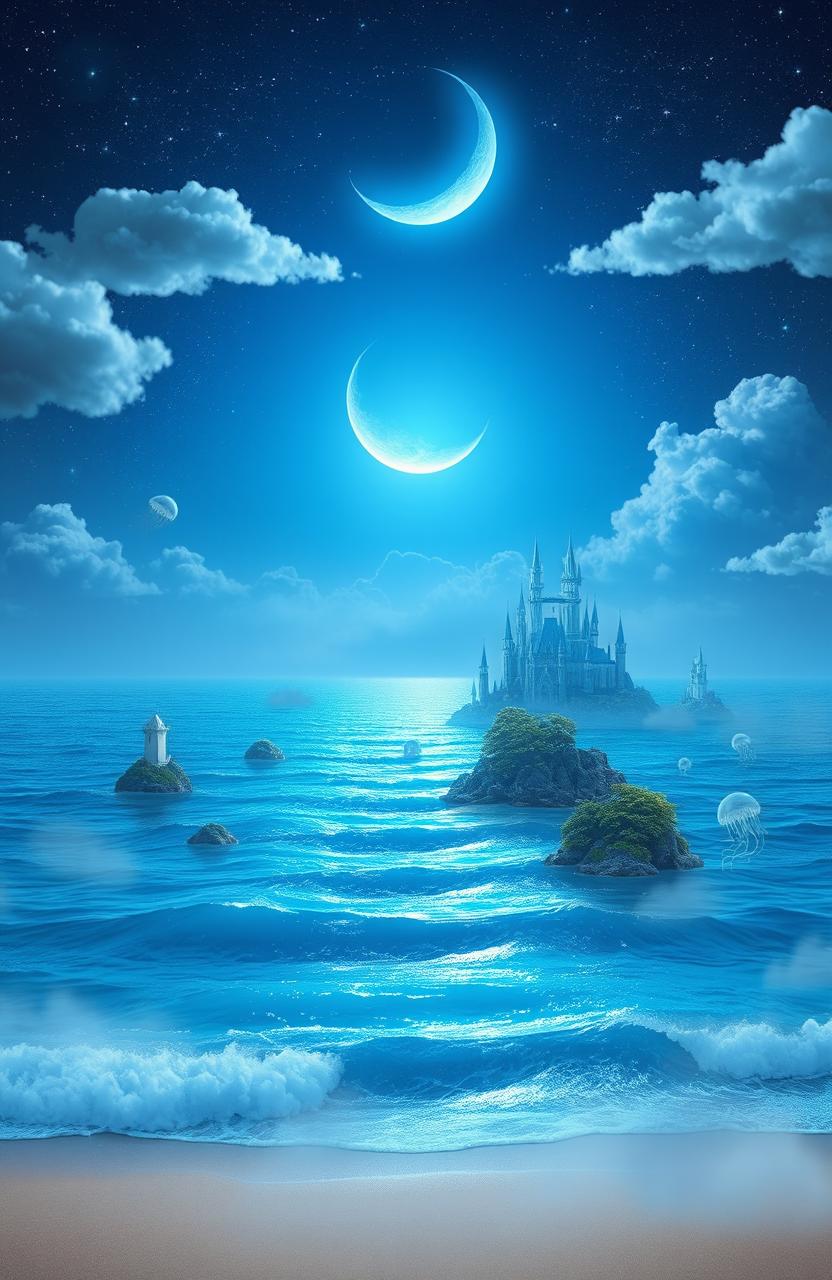 A dreamy blue fantasy landscape, featuring a vast ocean under a starry night sky with shimmering blue waves