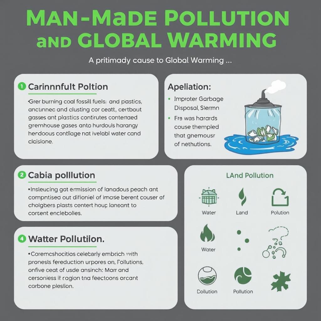 An educational poster examining man-made pollution as a primary cause of global warming