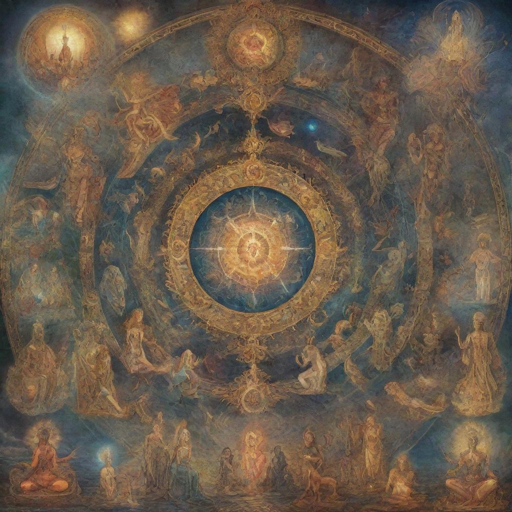 Illustration of various incarnations or metaphysical transformations, each unique and rich in details, with a mystical atmosphere