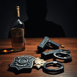 A police badge resting on a wooden table, accompanied by a bottle of liquor, a Glock handgun, and police handcuffs