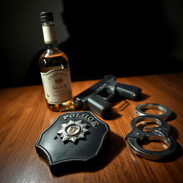 A police badge resting on a wooden table, accompanied by a bottle of liquor, a Glock handgun, and police handcuffs