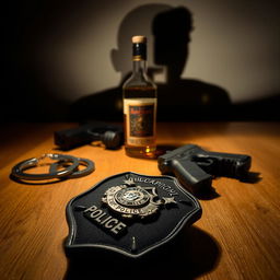 A police badge resting on a wooden table, accompanied by a bottle of liquor, a Glock handgun, and police handcuffs