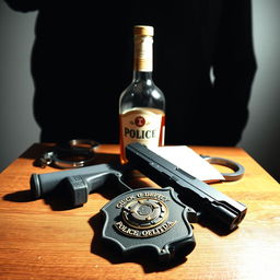 A police badge resting on a wooden table, accompanied by a bottle of liquor, a Glock handgun, and police handcuffs