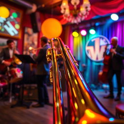 An artistic representation of a trombone in a vibrant jazz setting, featuring a close-up view of the instrument with glistening brass and intricate details