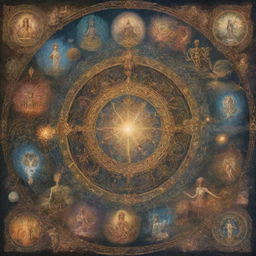 Illustration of various incarnations or metaphysical transformations, each unique and rich in details, with a mystical atmosphere