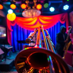 An artistic representation of a trombone in a vibrant jazz setting, featuring a close-up view of the instrument with glistening brass and intricate details