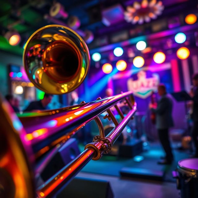 An artistic representation of a trombone in a vibrant jazz setting, featuring a close-up view of the instrument with glistening brass and intricate details