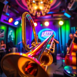 An artistic representation of a trombone in a vibrant jazz setting, featuring a close-up view of the instrument with glistening brass and intricate details