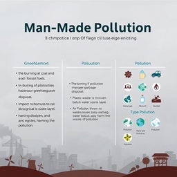 An informative and visually engaging poster titled 'Man-Made Pollution: A Major Cause of Global Warming'
