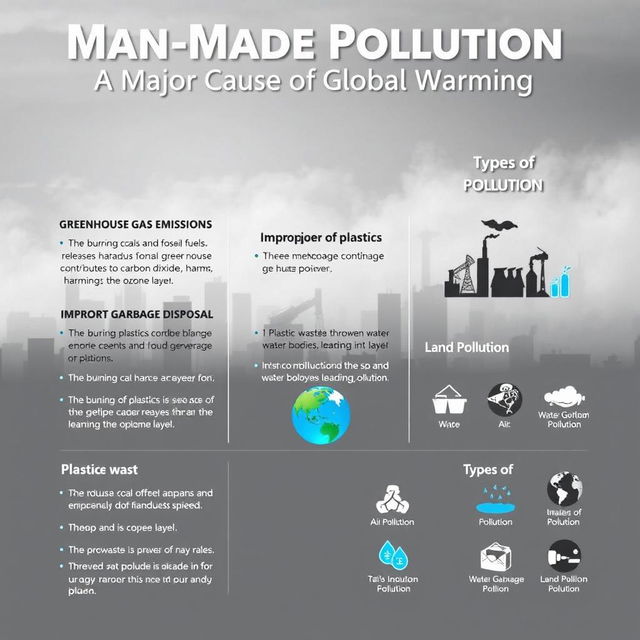 An informative and visually engaging poster titled 'Man-Made Pollution: A Major Cause of Global Warming'