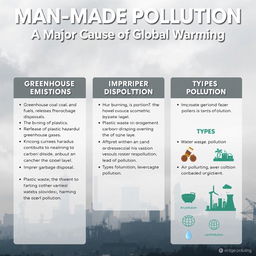 An informative and visually engaging poster titled 'Man-Made Pollution: A Major Cause of Global Warming'
