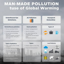 An informative and visually engaging poster titled 'Man-Made Pollution: A Major Cause of Global Warming'