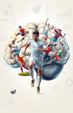 A highly detailed and realistic illustration of a human brain, showcasing various sports players, focusing on a soccer player prominently featured among them