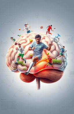 A highly detailed and realistic illustration of a human brain, showcasing various sports players, focusing on a soccer player prominently featured among them