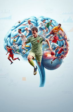 A highly detailed and realistic illustration of a human brain, showcasing various sports players, focusing on a soccer player prominently featured among them
