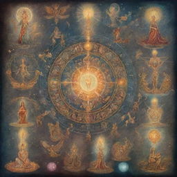 Illustration of various incarnations or metaphysical transformations, each unique and rich in details, with a mystical atmosphere