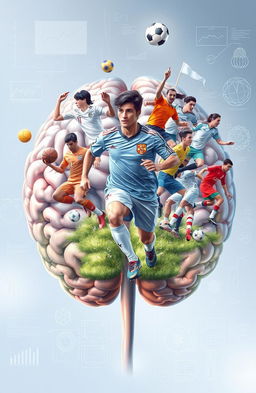 A highly detailed and realistic illustration of a human brain, showcasing various sports players, focusing on a soccer player prominently featured among them