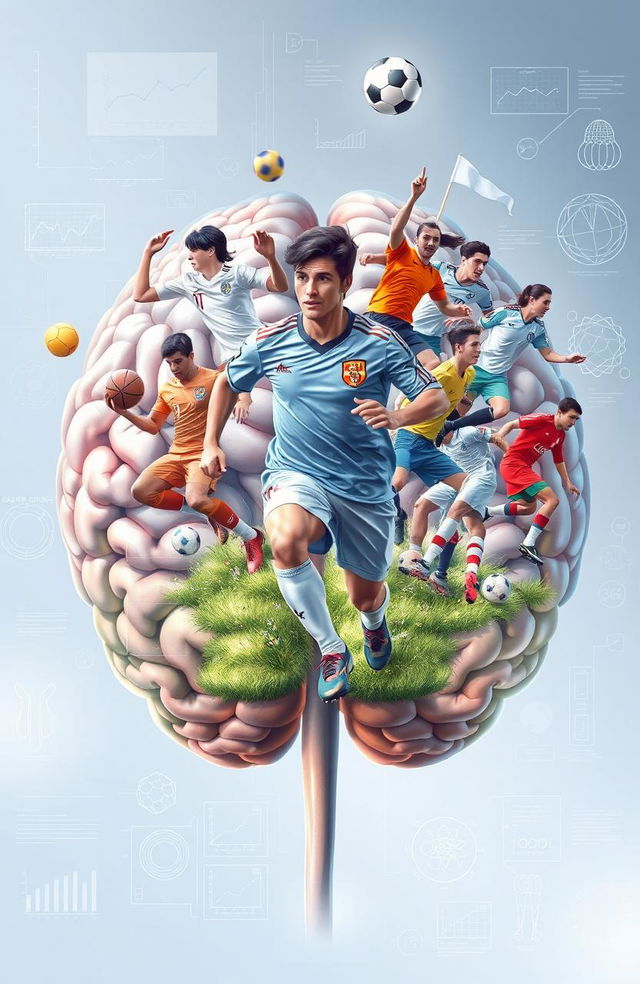 A highly detailed and realistic illustration of a human brain, showcasing various sports players, focusing on a soccer player prominently featured among them