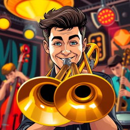 A stylized portrait of a young man named Kyle playing the trombone, captured in a colorful jazz club setting