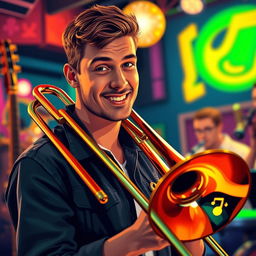 A stylized portrait of a young man named Kyle playing the trombone, captured in a colorful jazz club setting