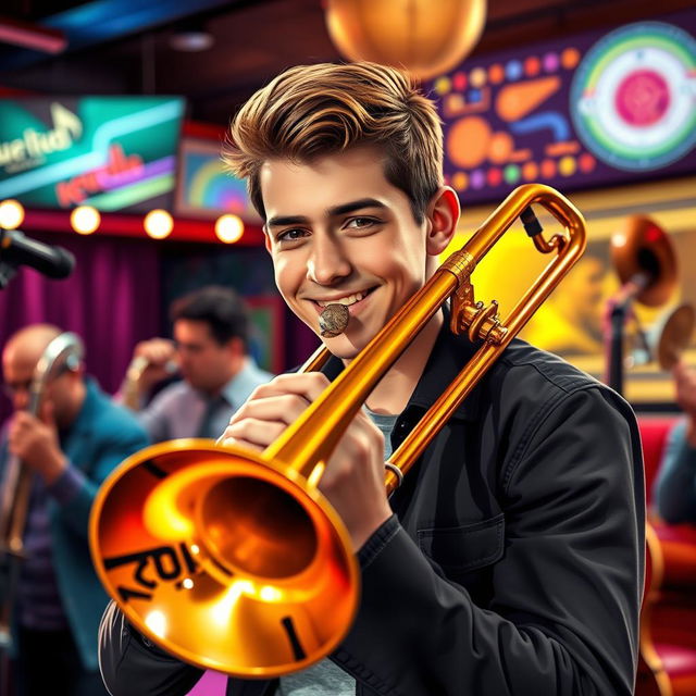 A stylized portrait of a young man named Kyle playing the trombone, captured in a colorful jazz club setting