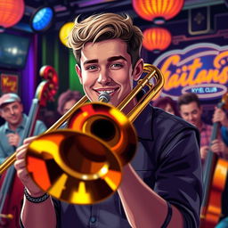 A stylized portrait of a young man named Kyle playing the trombone, captured in a colorful jazz club setting