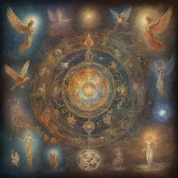 Illustration of various incarnations or metaphysical transformations, each unique and rich in details, with a mystical atmosphere