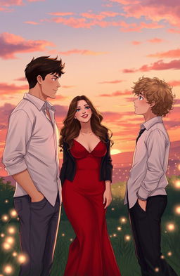 A romantic scene depicting a love triangle involving two males and one female