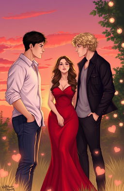 A romantic scene depicting a love triangle involving two males and one female