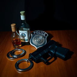 A police badge prominently displayed on a wooden table, accompanied by a bottle of liquor, a Glock handgun, and handcuffs