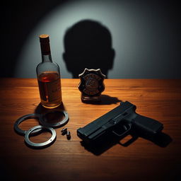 A police badge prominently displayed on a wooden table, accompanied by a bottle of liquor, a Glock handgun, and handcuffs