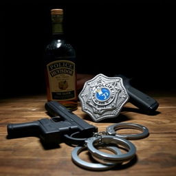 A police badge prominently displayed on a wooden table, accompanied by a bottle of liquor, a Glock handgun, and handcuffs