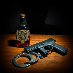 A police badge prominently displayed on a wooden table, accompanied by a bottle of liquor, a Glock handgun, and handcuffs