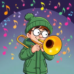 A playful illustration of Kyle Broflovski, a character from the animated series, passionately playing the trombone