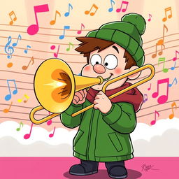 A playful illustration of Kyle Broflovski, a character from the animated series, passionately playing the trombone